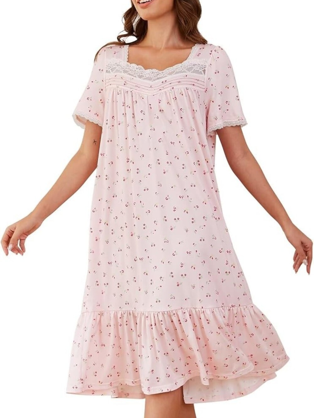 Ditsy Floral Nightgown Sleep Dress Size Small Pink Red Romantic Lace Trim Ruffle